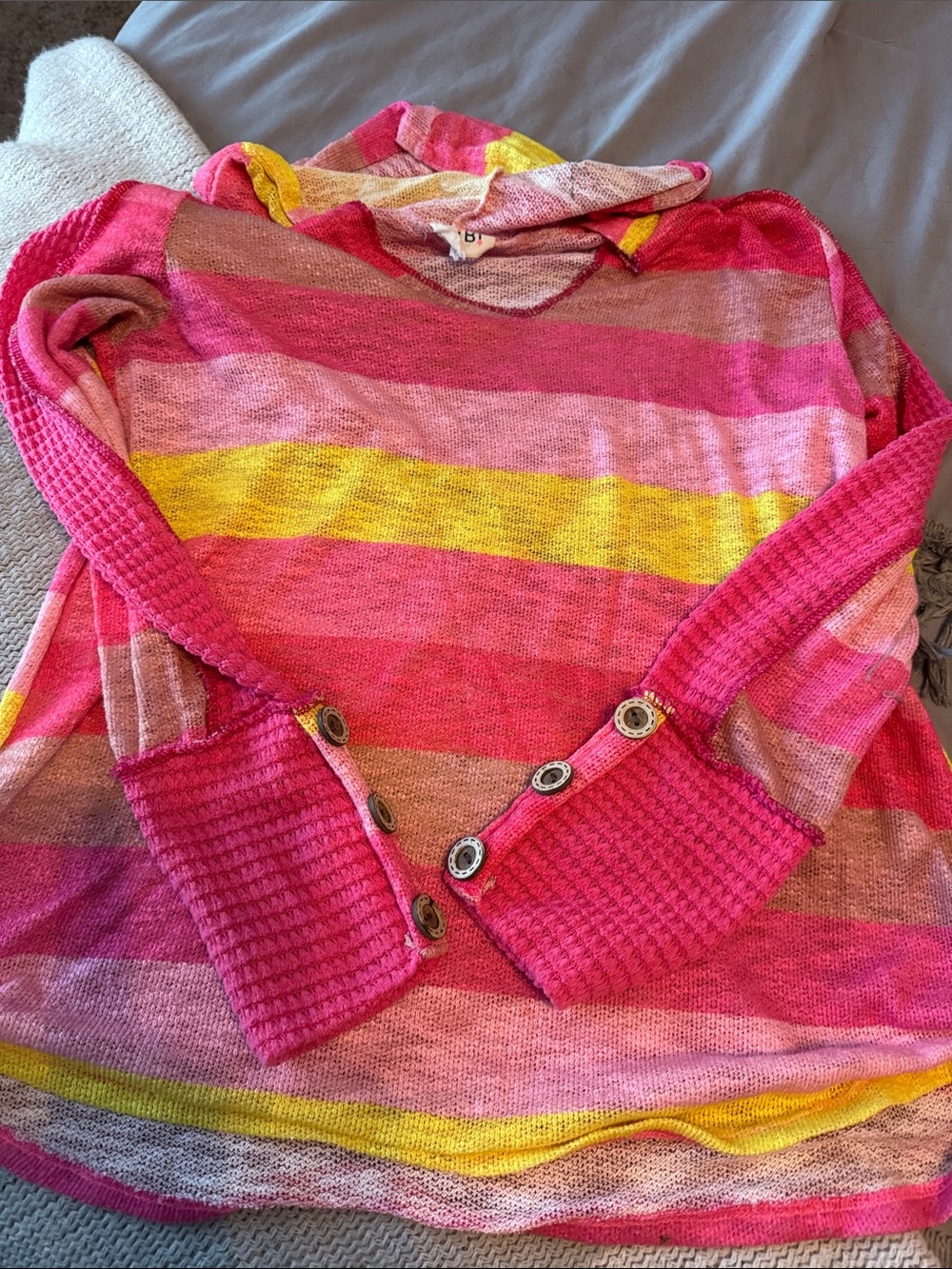 BiBi Striped Hooded Knit Top in Pink, Yellow & Cream